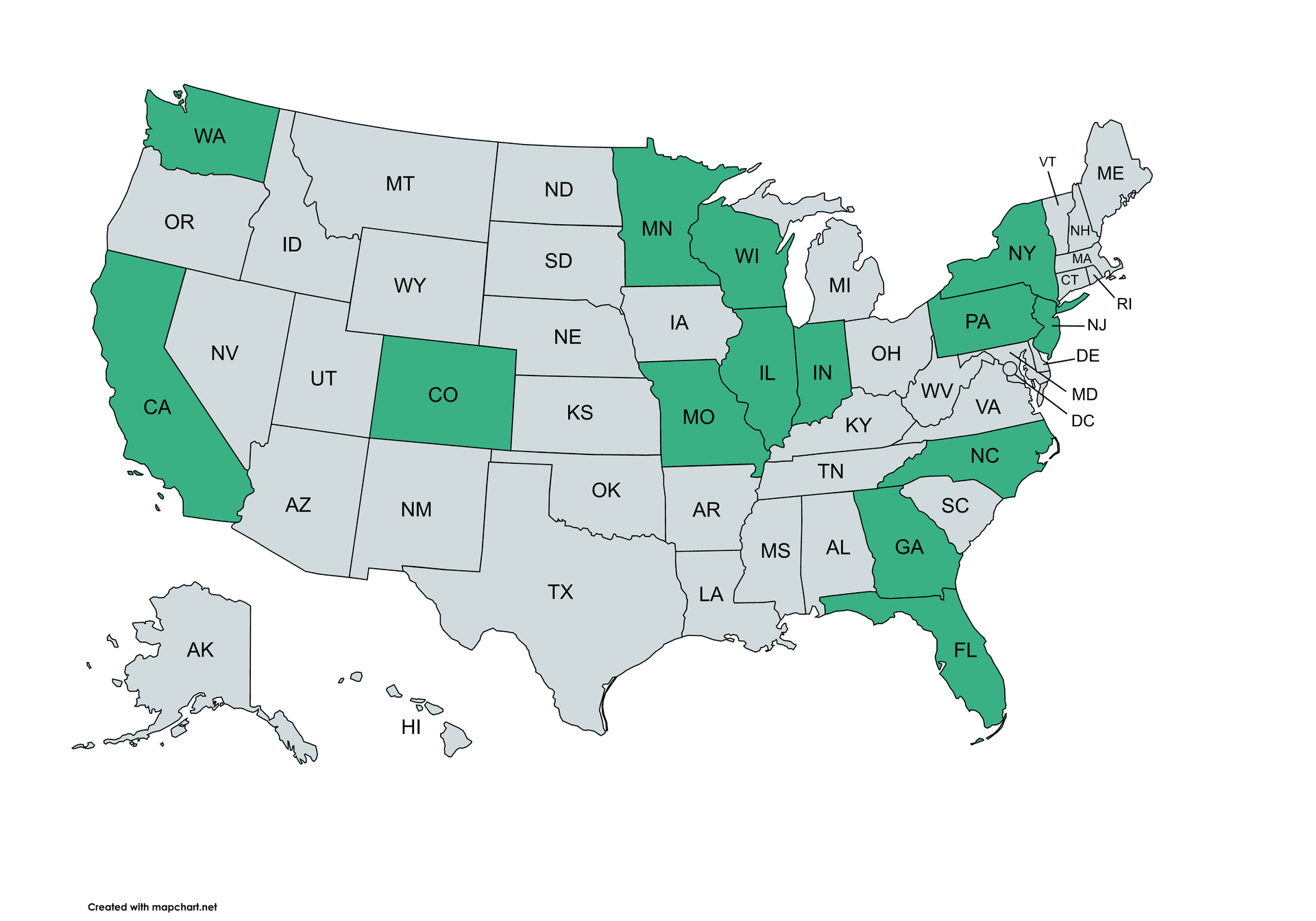 Map showing licensed states